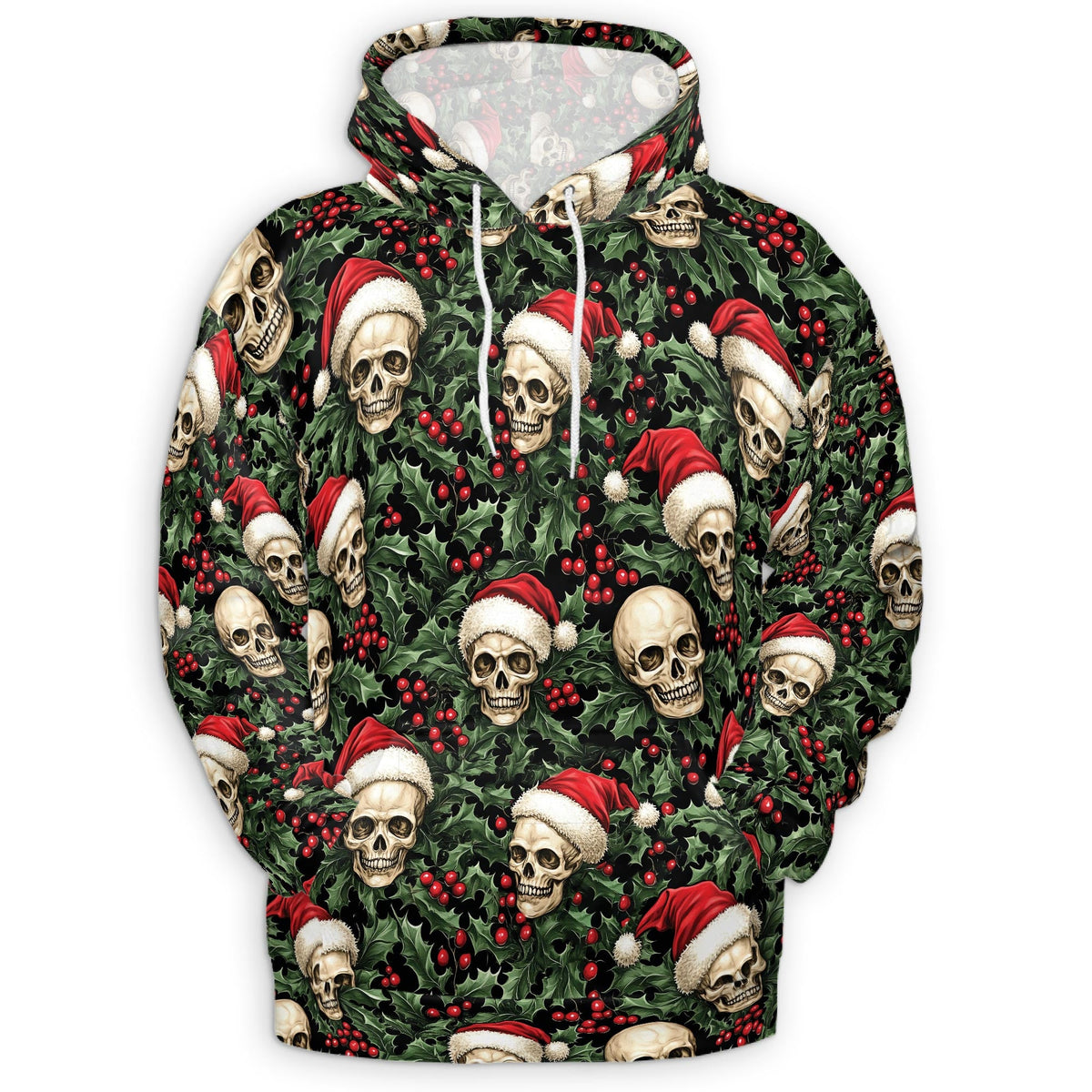 Skull Santa Hat Christmas All Over Print Hoodie, Gothic Graphic Design