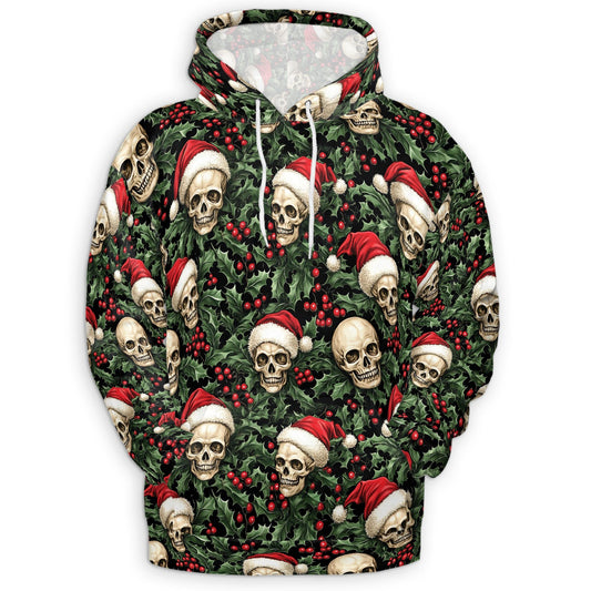 Skull Santa Hat Christmas All Over Print Hoodie, Gothic Graphic Design
