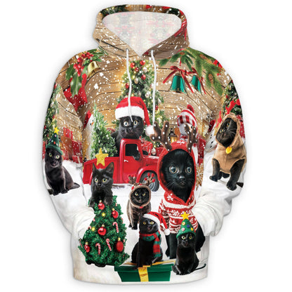 Black Cat Christmas All Over Print Hoodie, Funny Kitten Graphic Design