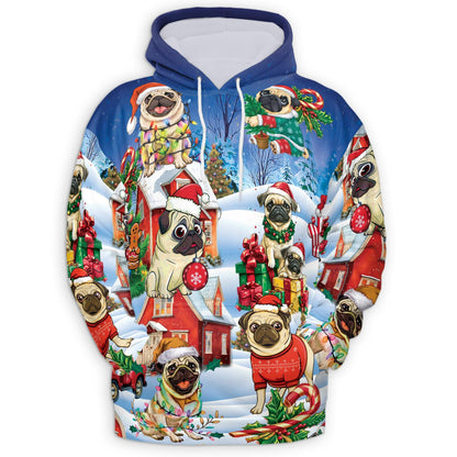 Funny Pug Christmas All Over Print Hoodie, Cute Dog Holiday Graphic Design