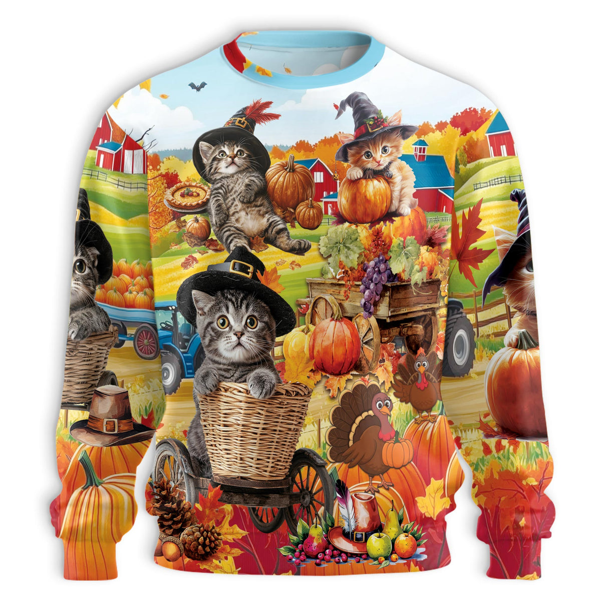 Thanksgiving Cat Autumn Sweatshirt – Colorful Graphic 3D All Over Print Design