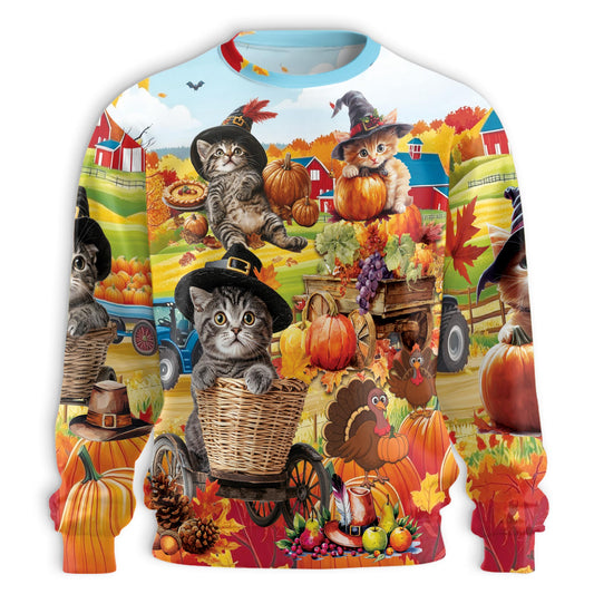 Thanksgiving Cat Autumn Sweatshirt – Colorful Graphic 3D All Over Print Design
