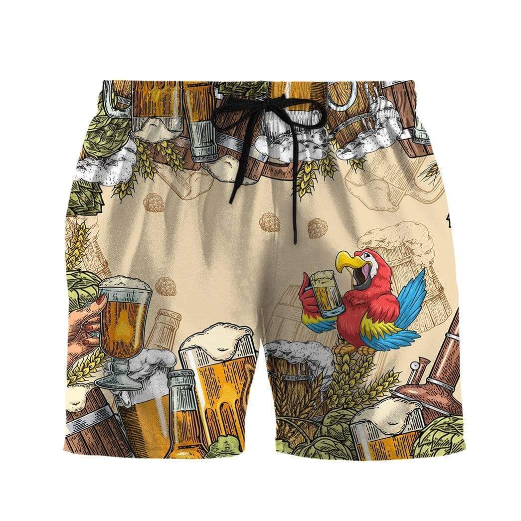 Vintage Parrot Drinking Beer Hawaiian Aloha Shirts - Beach Shorts #DH