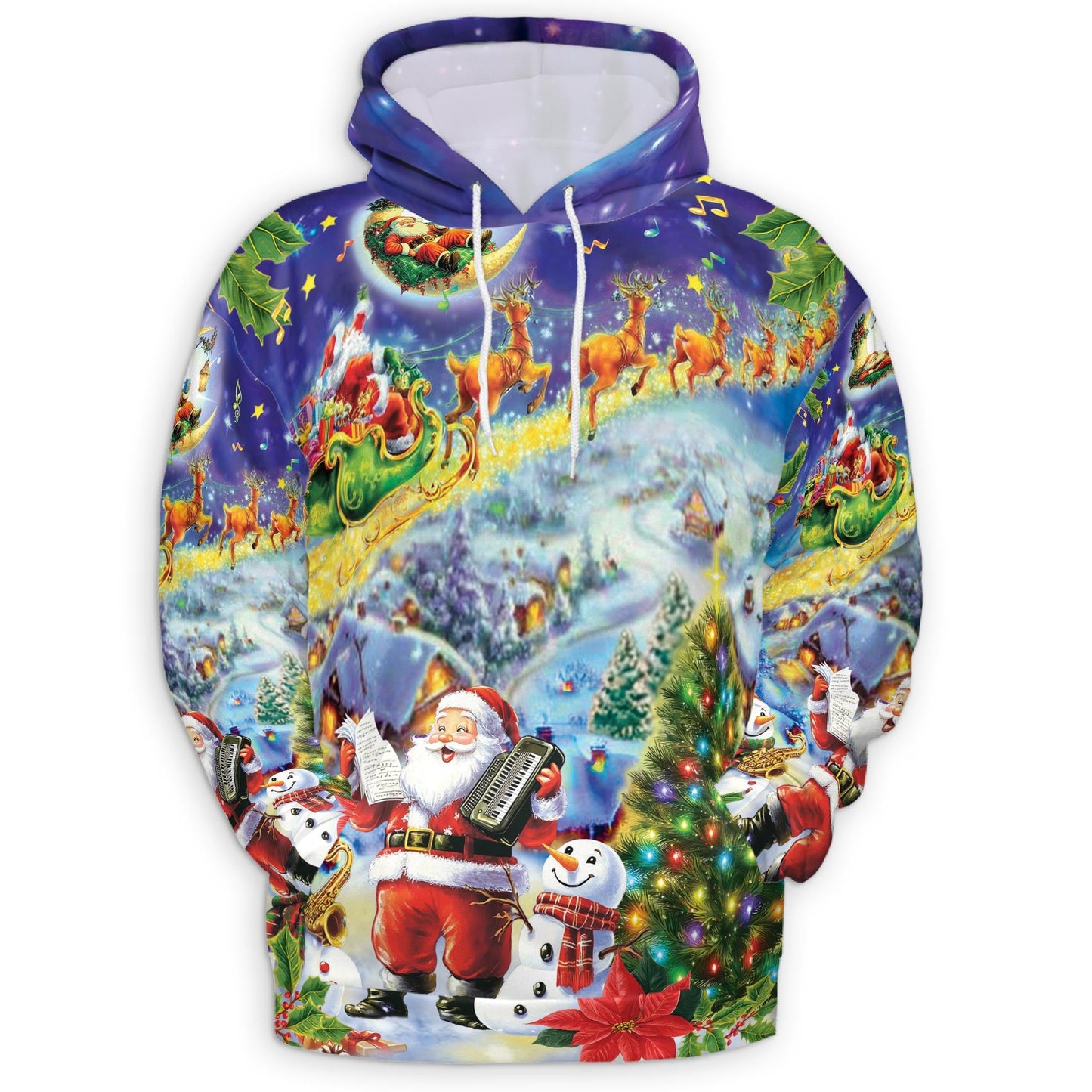 Santa Claus and Snowman All Over Print Hoodie, Festive Graphic Design