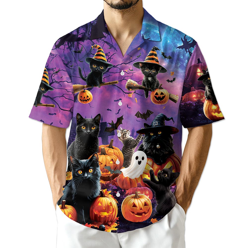 Black Cat Pumpkin Hawaiian Shirt for Men, Button Down Aloha Shirt - Azhawaiian