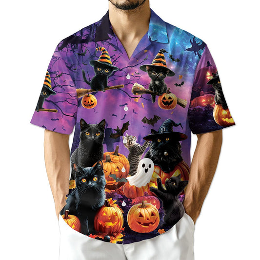 Black Cat Pumpkin Hawaiian Shirt for Men, Button Down Aloha Shirt - Azhawaiian