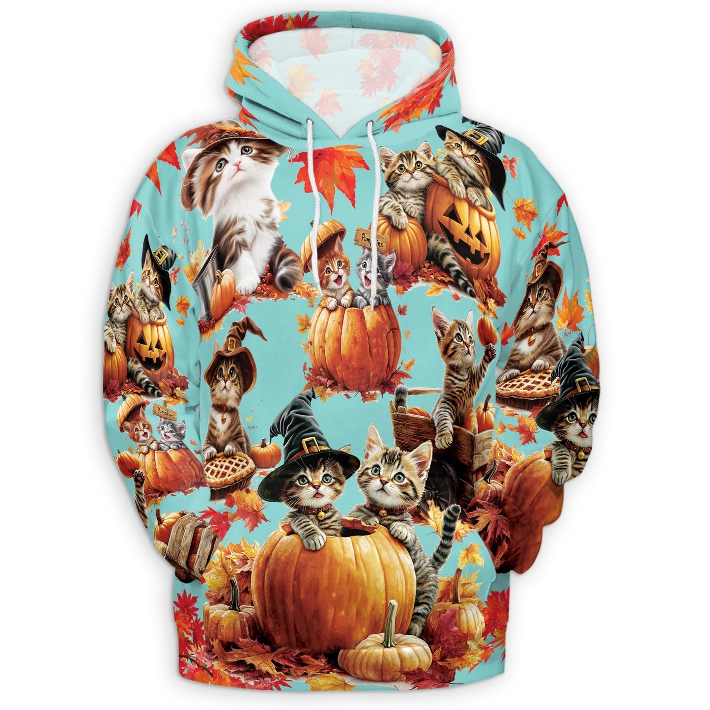 Cat Pumpkin All Over Print Hoodie, Cute Kitten Halloween Holiday Graphic Design