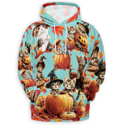 Cat Pumpkin All Over Print Hoodie, Cute Kitten Halloween Holiday Graphic Design