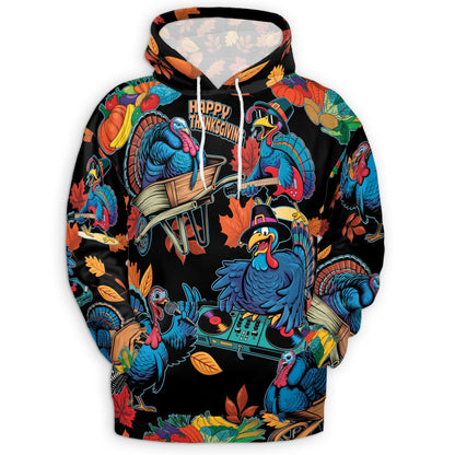 Happy Turkey Day All Over Print Hoodie, Thanksgiving Turkey Music Graphic Design