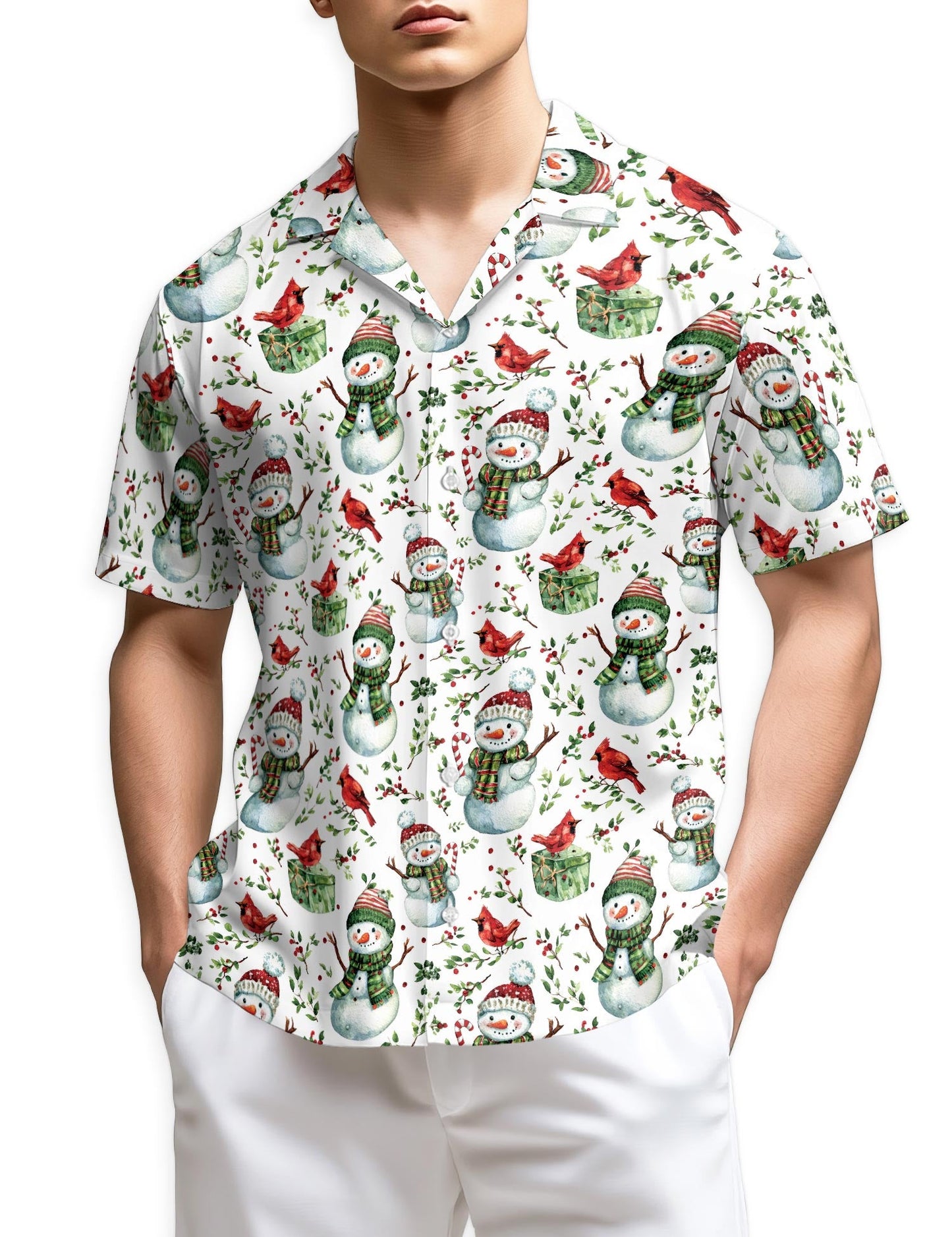 Snowman and Red Cardinal Christmas Hawaiian Shirt for Men, Button Down Aloha Shirt - Azhawaiian