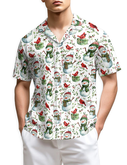Snowman and Red Cardinal Christmas Hawaiian Shirt for Men, Button Down Aloha Shirt - Azhawaiian