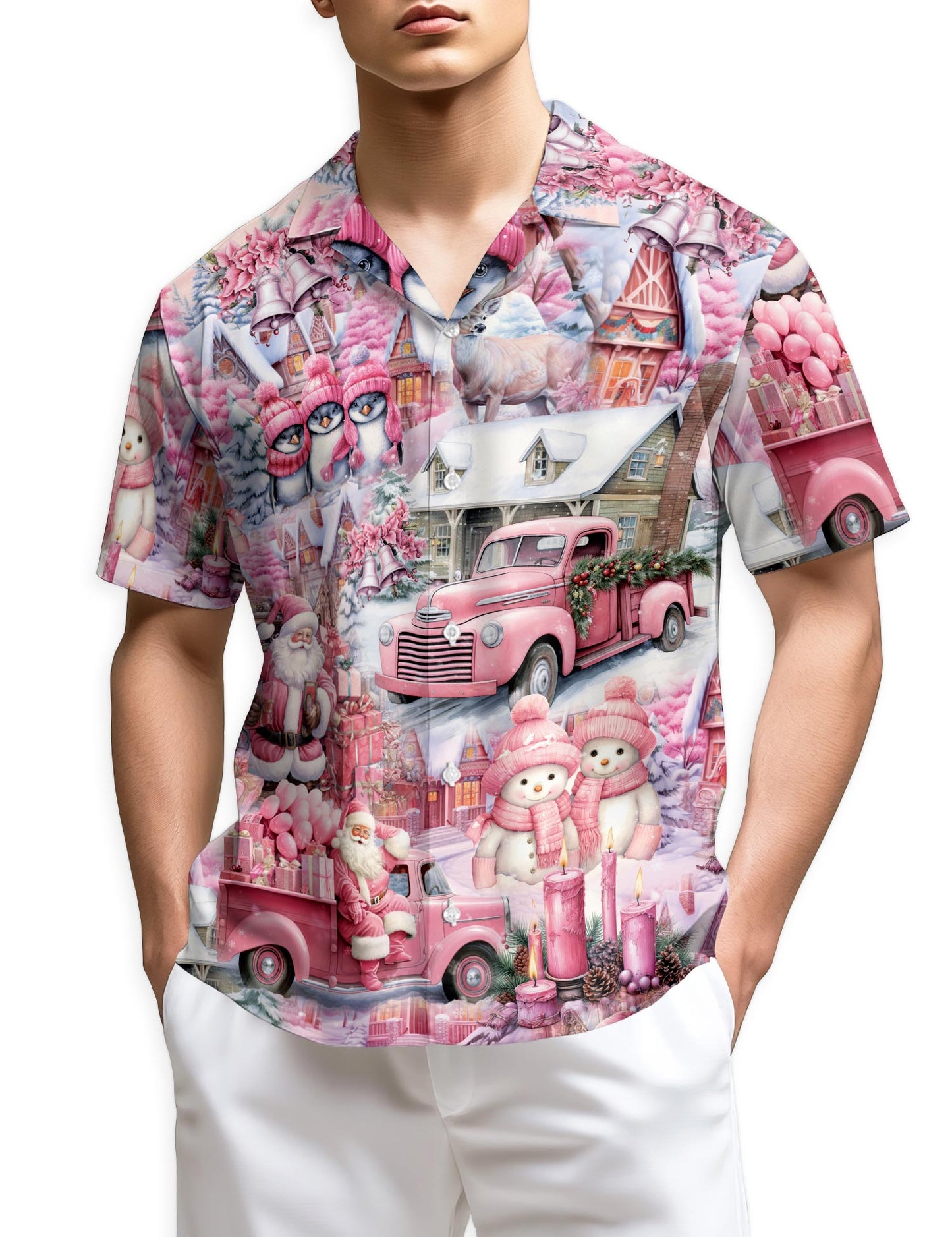Pink Christmas Santa Claus Hawaiian Shirt for Men, Button Down Aloha Shirt - Azhawaiian