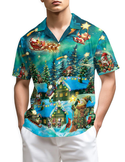 Magical Christmas Night Scene Hawaiian Shirt for Men, Button Down Aloha Shirt - Azhawaiian