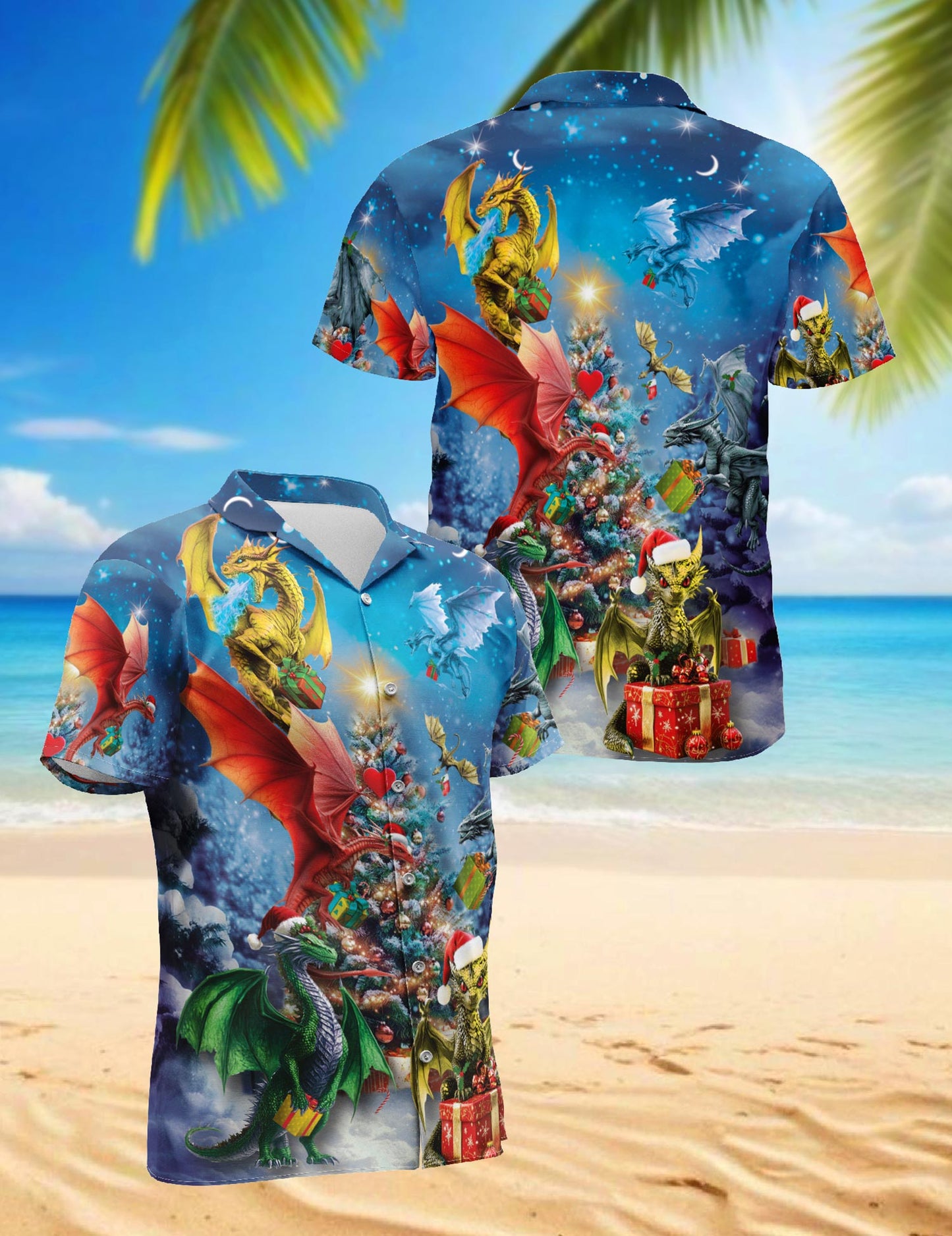 Christmas Dragons Hawaiian Shirt for Men, Button Down Aloha Shirt - Azhawaiian