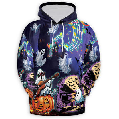 Music Night Halloween All Over Print Hoodie, Graphic Design Pumpkin Ghost