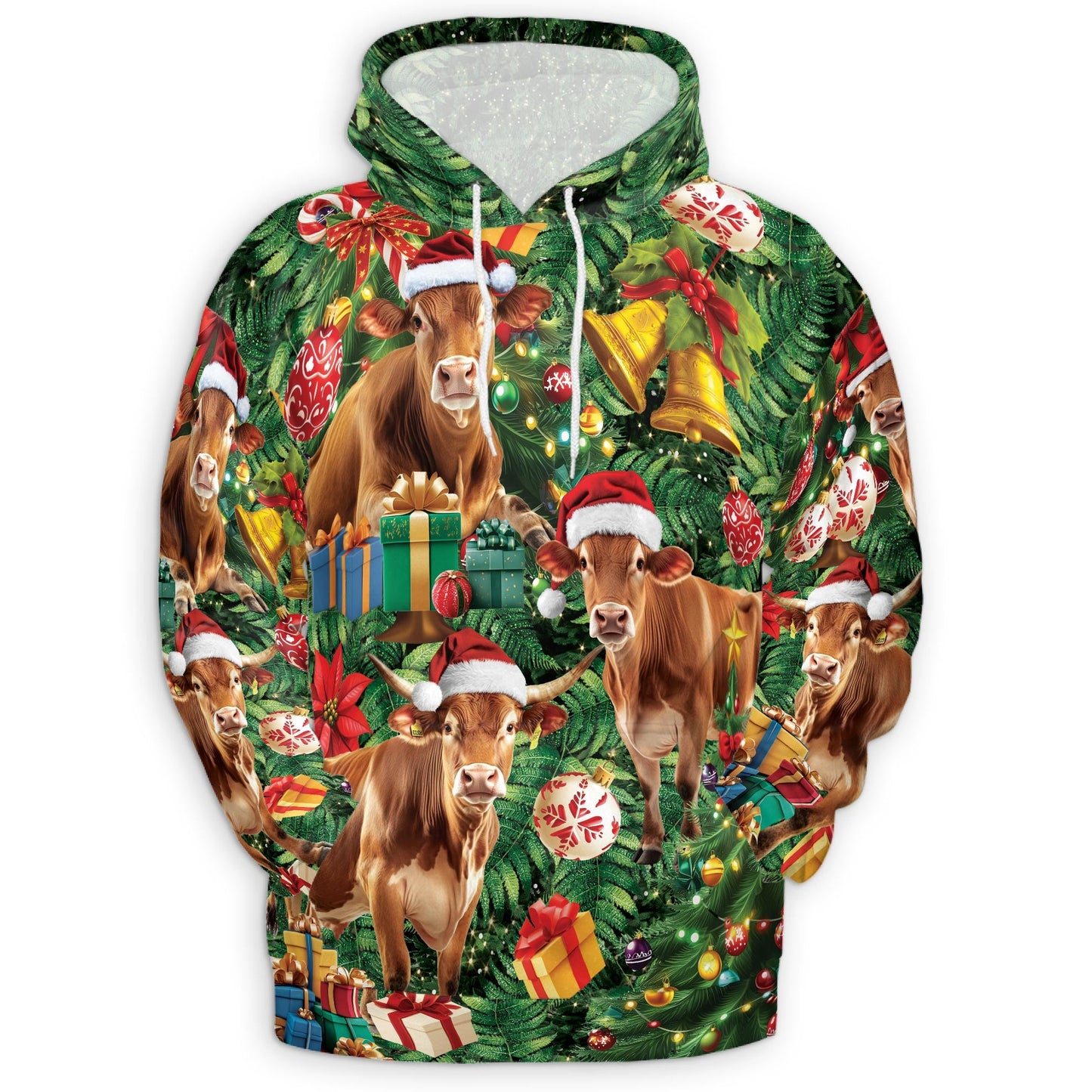 Christmas Cow All Over Print Hoodie, Santa Hat Farm Animal Graphic Design