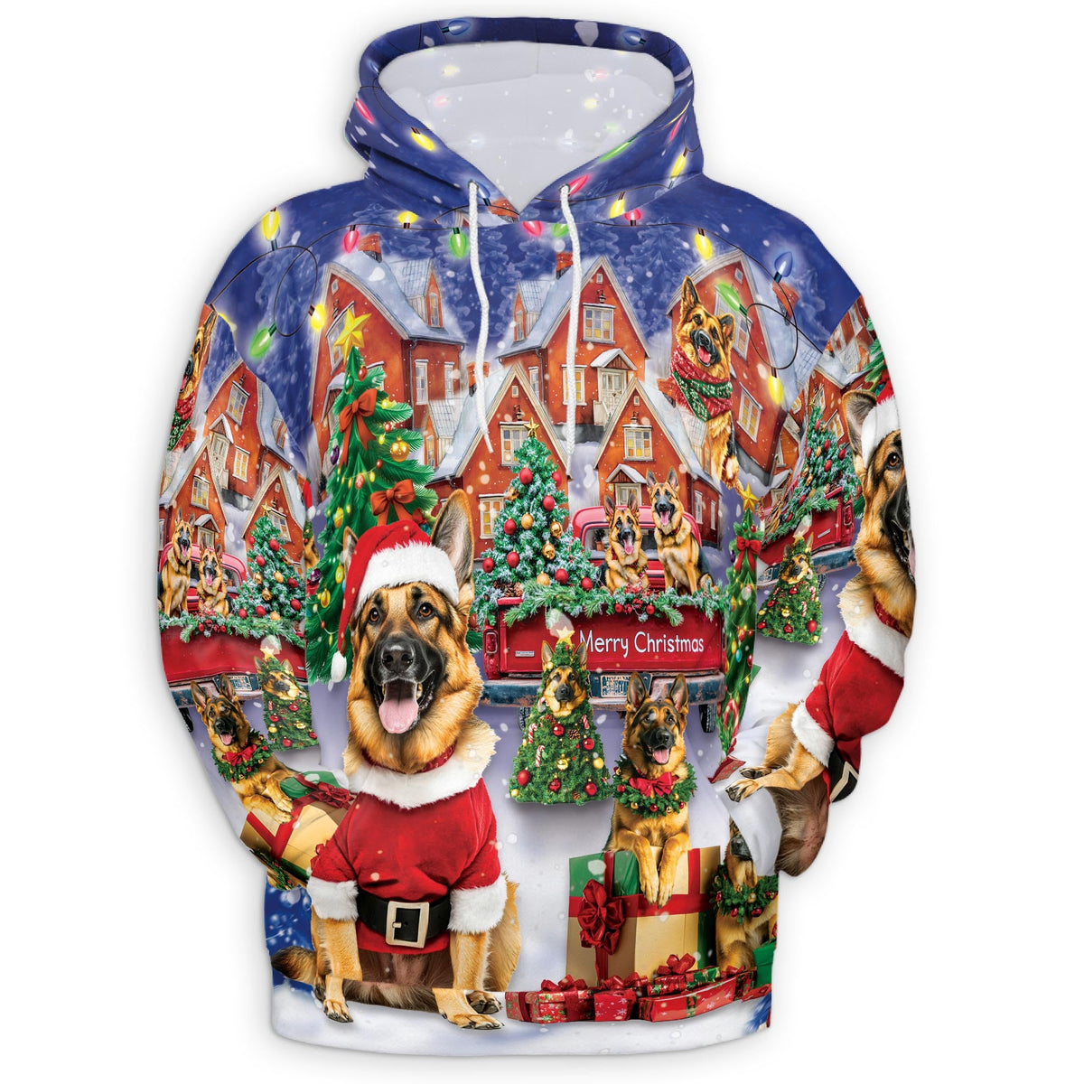 German Shepherd Christmas All Over Print Hoodie, Festive Dog Graphic Design