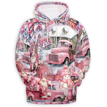 Pink Christmas Santa Claus All Over Print Hoodie, Village Graphic Design