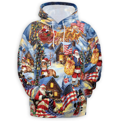 Patriotic Santa Claus All Over Print Hoodie, USA Flag Holiday Graphic Design