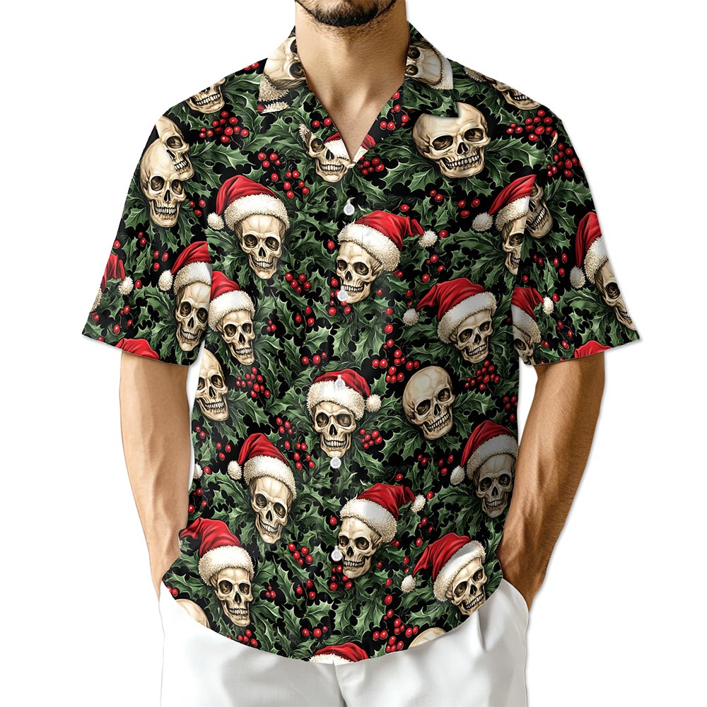 Skull Santa Hat Christmas Hawaiian Shirt for Men, Button Down Aloha Shirt - Azhawaiian