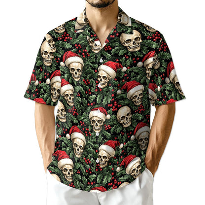 Skull Santa Hat Christmas Hawaiian Shirt for Men, Button Down Aloha Shirt - Azhawaiian