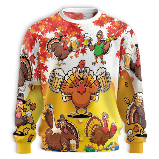 Funny Thanksgiving Turkey Beer Unisex Sweatshirt – Colorful Graphic 3D All Over Print Design