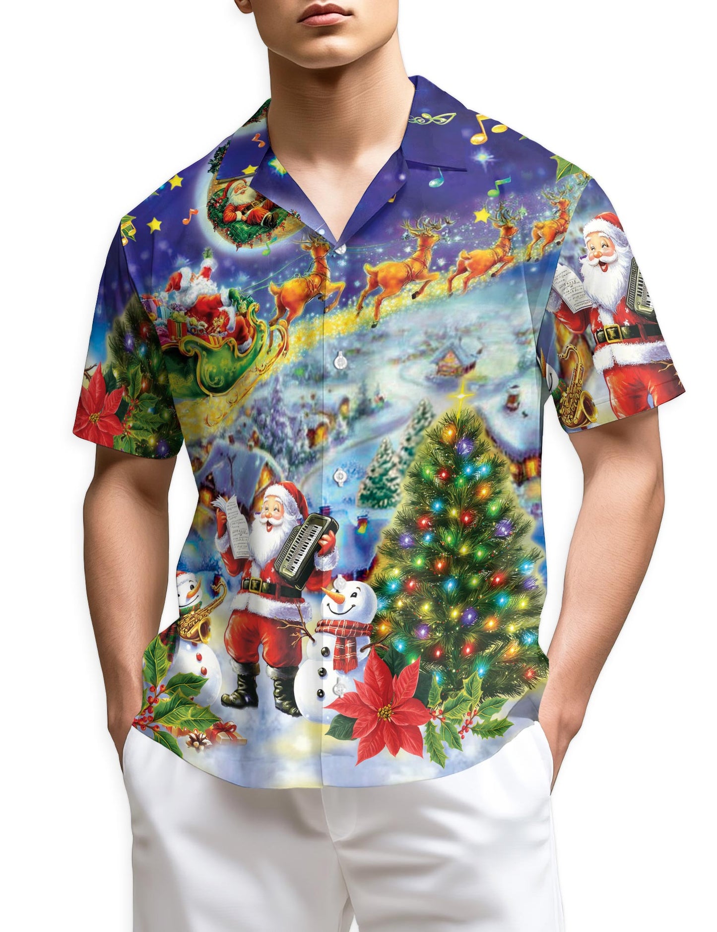 Santa Claus and Snowman Hawaiian Shirt for Men, Button Down Aloha Shirt - Azhawaiian