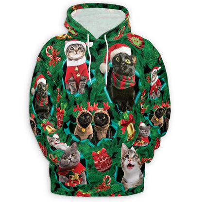 Christmas Cats All Over Print Hoodie, Cute Kitten Holiday Graphic Design