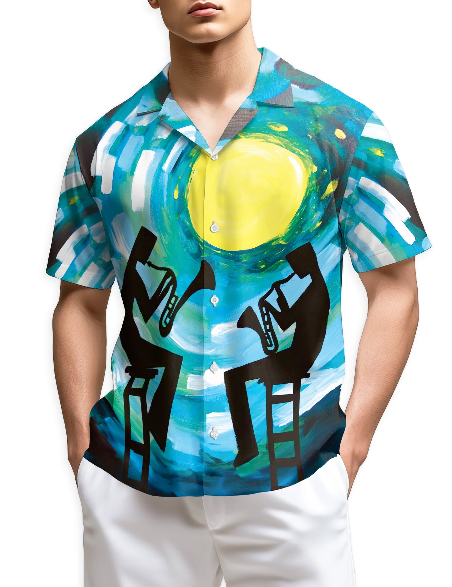 Vintage Trumpet Pattern Hawaiian Shirt for Men, Button Down Aloha Shirt - Azhawaiian