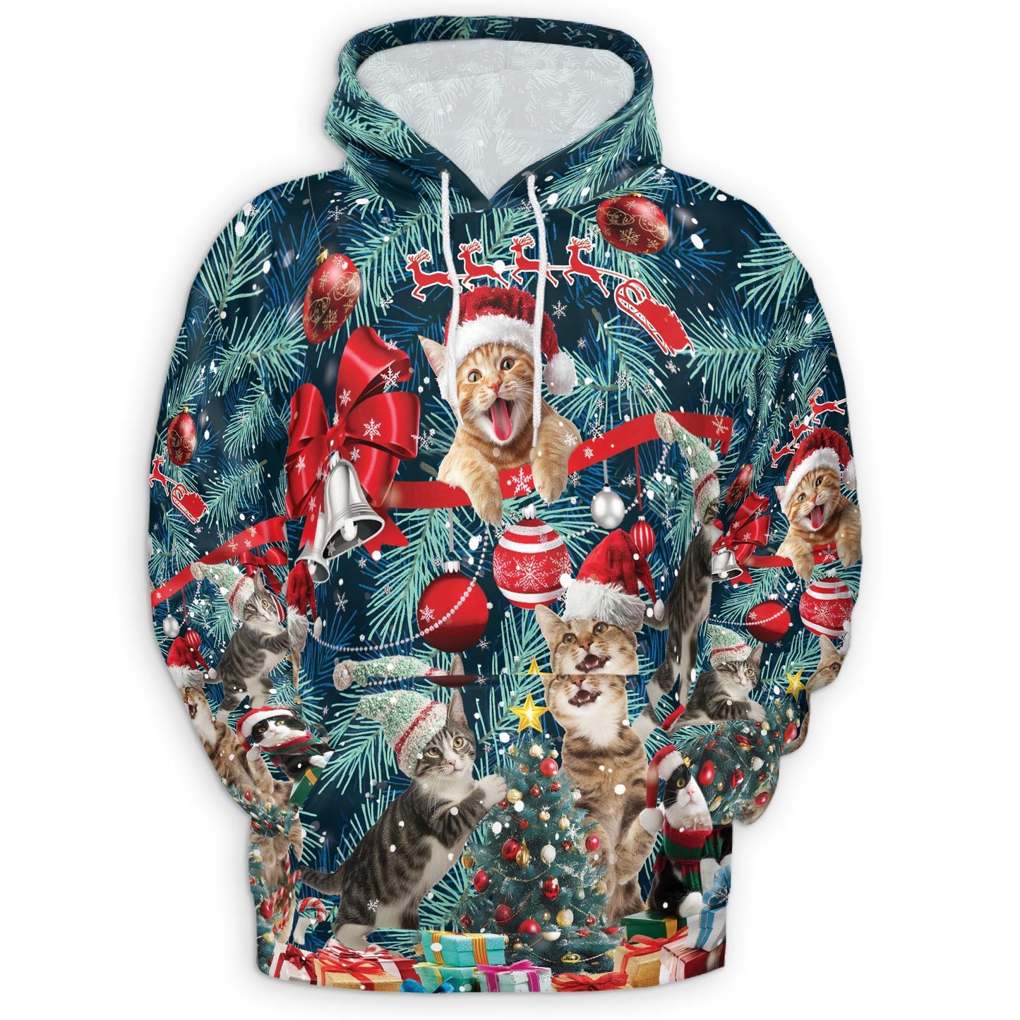 Christmas Cat All Over Print Hoodie, Funny Kitten Santa Graphic Design
