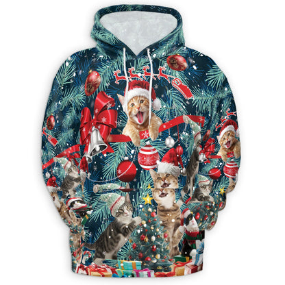 Christmas Cat All Over Print Hoodie, Funny Kitten Santa Graphic Design