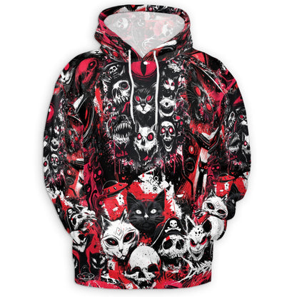 Black Cat UFO Alien Halloween All Over Print Hoodie, Skull Graphic Design