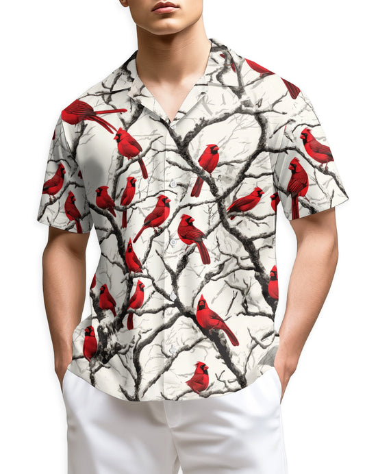 Red Cardinal Bird Christmas Hawaiian Shirt for Men, Button Down Aloha Shirt