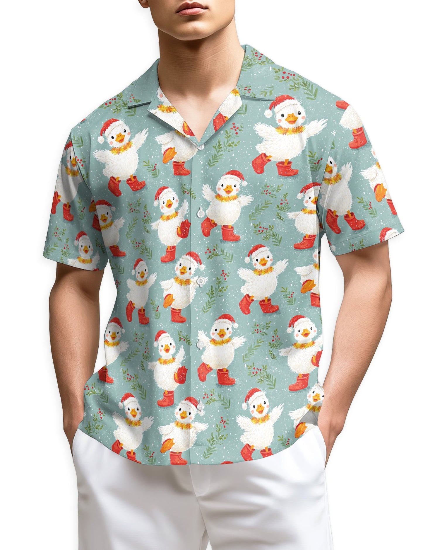Snowy Christmas Duck Hawaiian Shirt for Men, Button Down Aloha Shirt - Azhawaiian