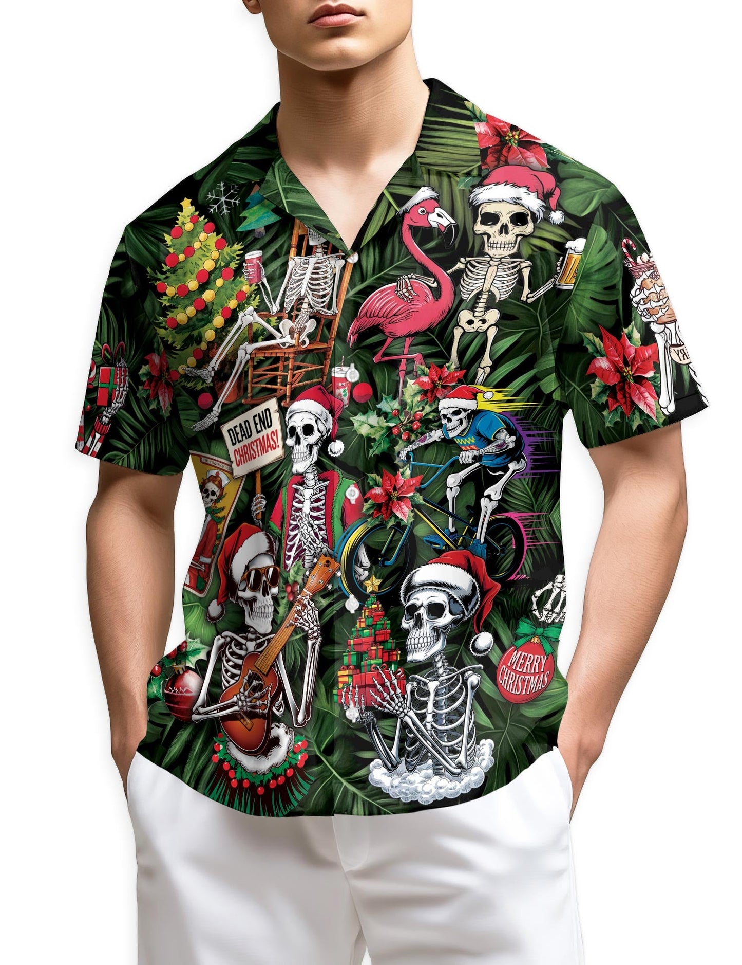 Skeleton Santa Claus Christmas Hawaiian Shirt for Men, Button Down Aloha Shirt - Azhawaiian