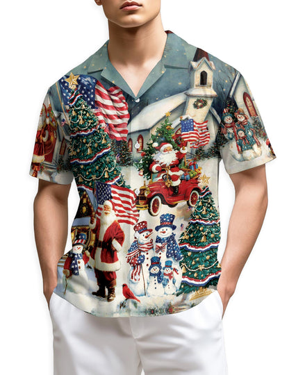 American Flag Santa Christmas Hawaiian Shirt for Men, Button Down Aloha Shirt - Azhawaiian