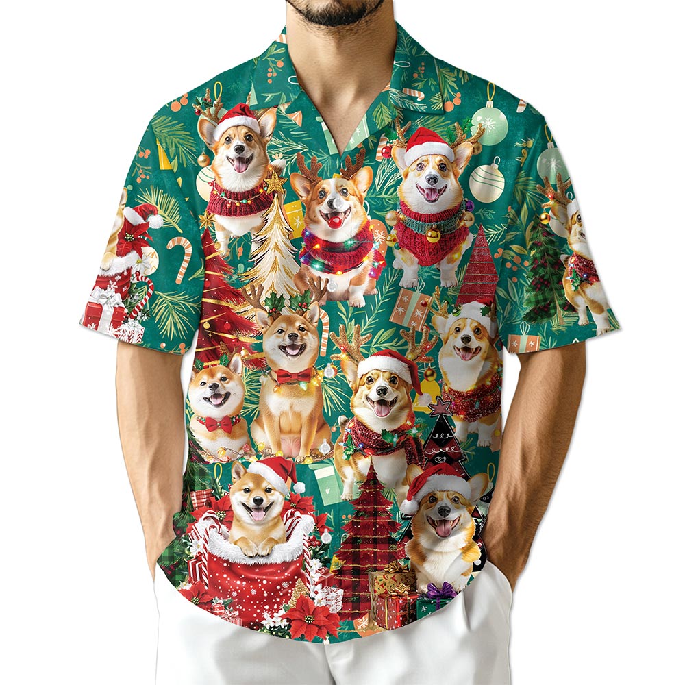 Christmas Corgi Hawaiian Shirt for Men, Button Down Aloha Shirt - Azhawaiian