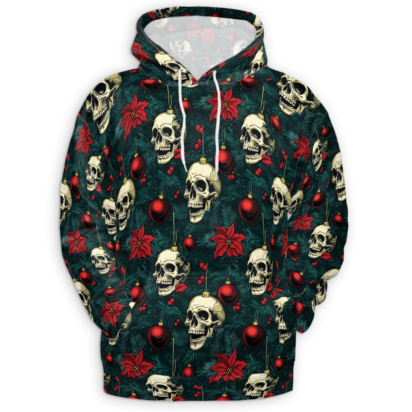 Skull Christmas All Over Print Hoodie, Gothic Holiday Ornament Graphic Design