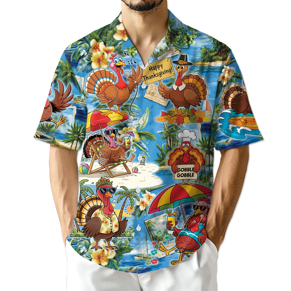 Turkey Happy Thanksgiving Hawaiian Shirt for Men, Button Down Aloha Shirt - Azhawaiian
