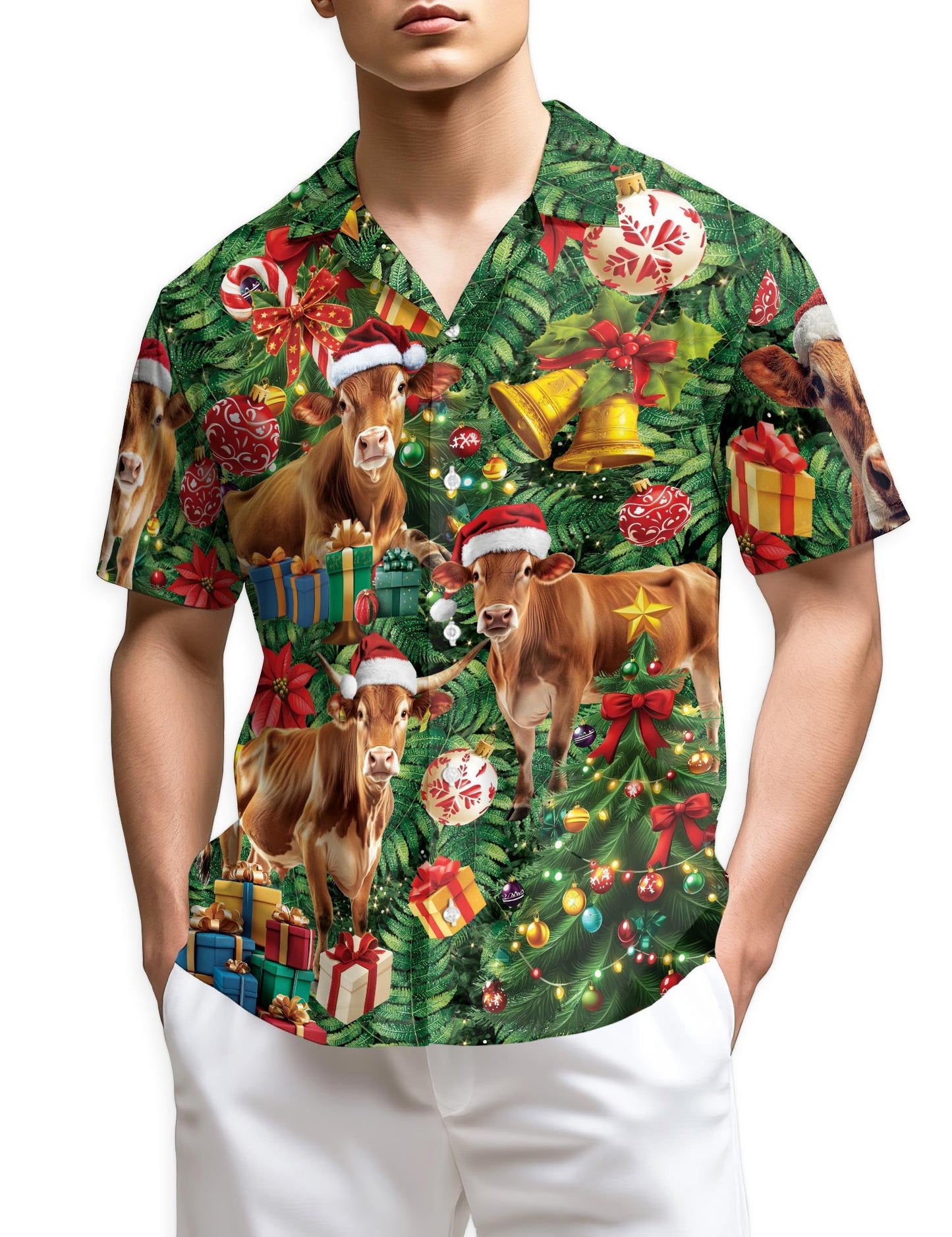 Christmas Cow Hawaiian Shirt for Men, Button Down Aloha Shirt - Azhawaiian