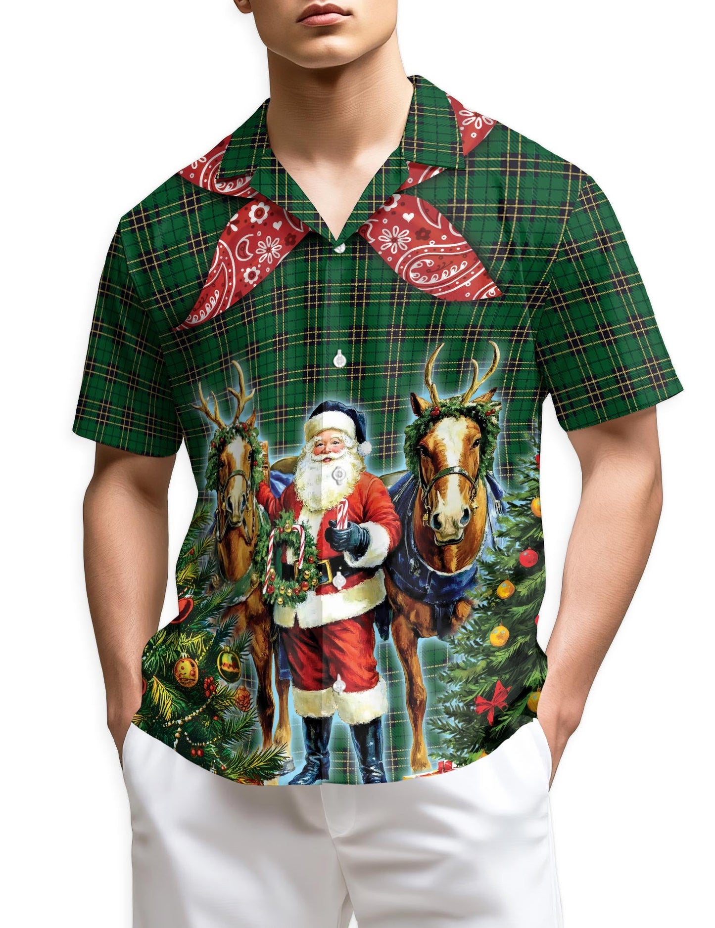 Santa Claus Cowboy Christmas Plaid Pattern Hawaiian Shirt for Men, Button Down Aloha Shirt - Azhawaiian