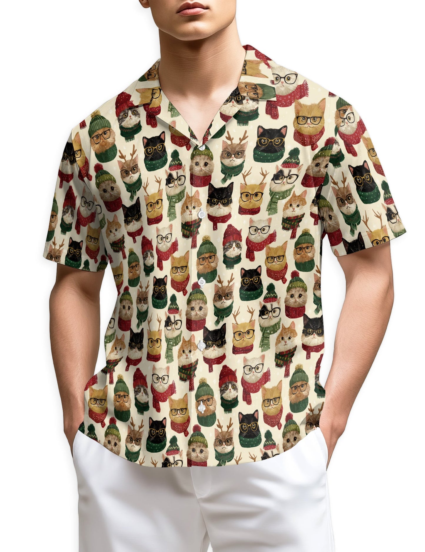 Christmas Cat Pattern Hawaiian Shirt for Men, Button Down Aloha Shirt - Azhawaiian