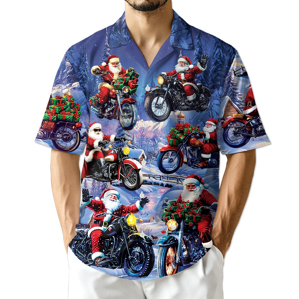 Santa Claus Riding Motorcycle Hawaiian Shirt for Men, Button Down Aloha Shirt - Azhawaiian