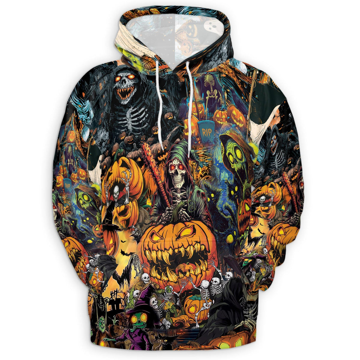 Spooky Skeleton Halloween All Over Print Hoodie, Pumpkin Graphic Design