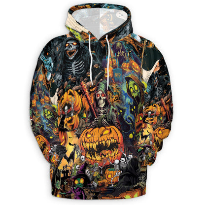Spooky Skeleton Halloween All Over Print Hoodie, Pumpkin Graphic Design