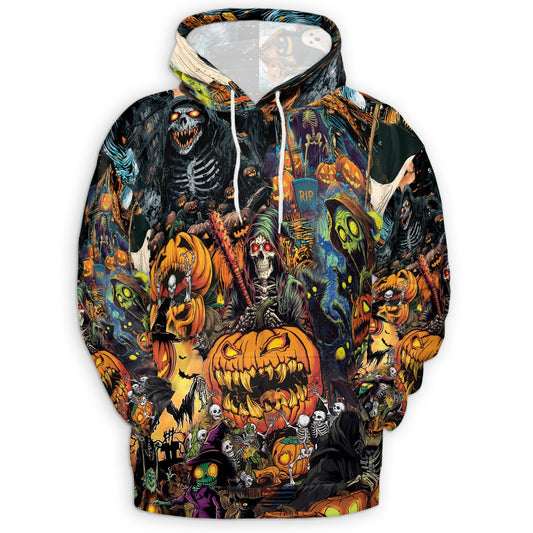 Spooky Skeleton Halloween All Over Print Hoodie, Pumpkin Graphic Design