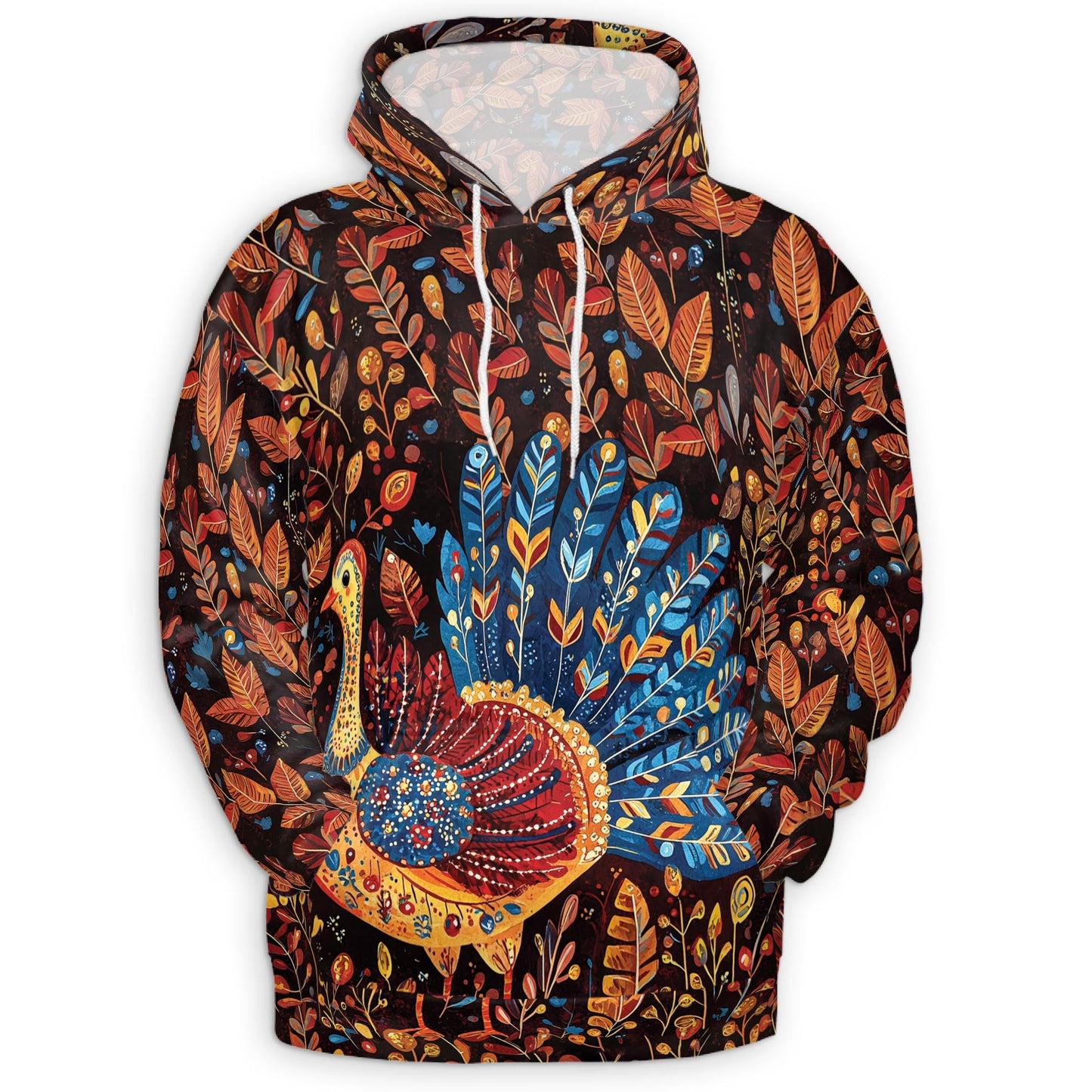 Folk Art Turkey Thanksgiving All Over Print Hoodie, Graphic Design