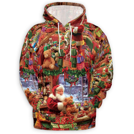 Santa Claus Workshop All Over Print Hoodie, Festive Christmas Graphic Design