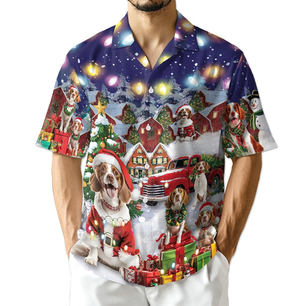 Brittany Spaniel Christmas Hawaiian Shirt for Men, Button Down Aloha Shirt - Azhawaiian