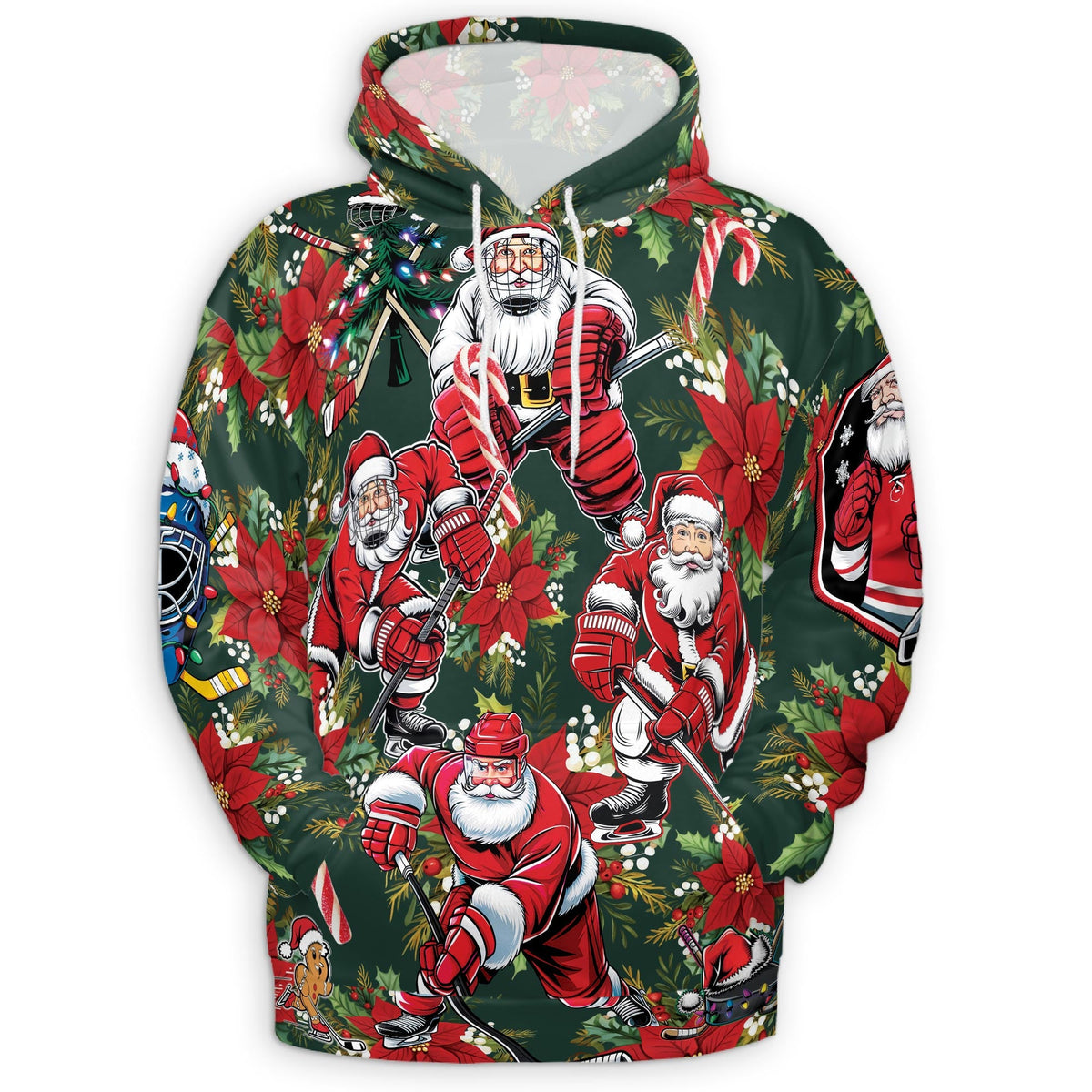 Santa Claus Hockey All Over Print Hoodie, Funny Christmas Sports Graphic Design